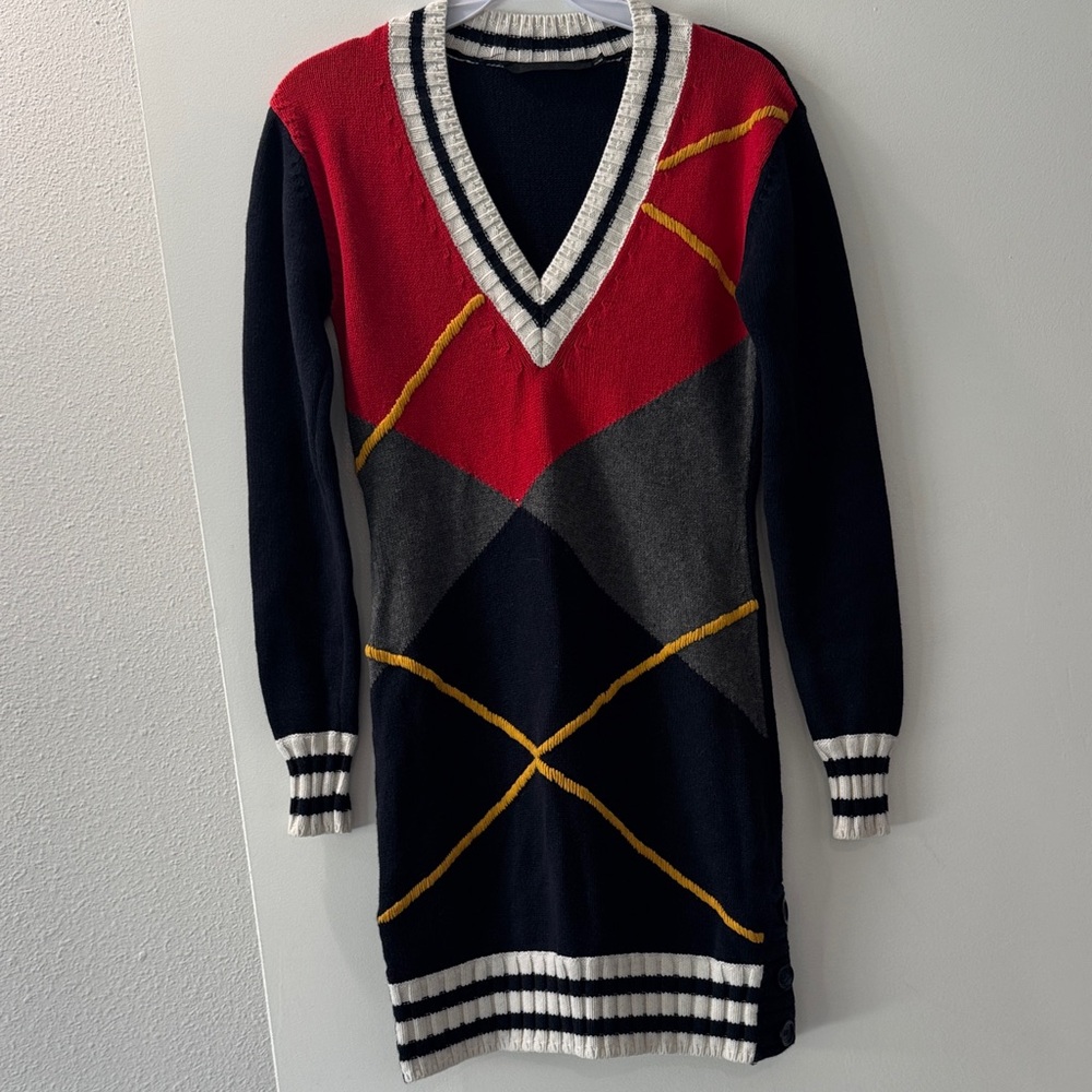 V-Neck Argyle Knit Sweater Dress - Red, Black, Gray Lamb Wome Long Sleeve top - Picture 2 of 12